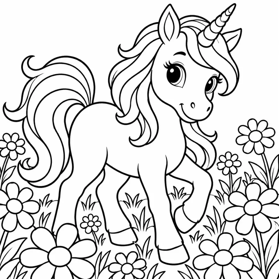Ausmalbild Einhorn im Blumenfeld