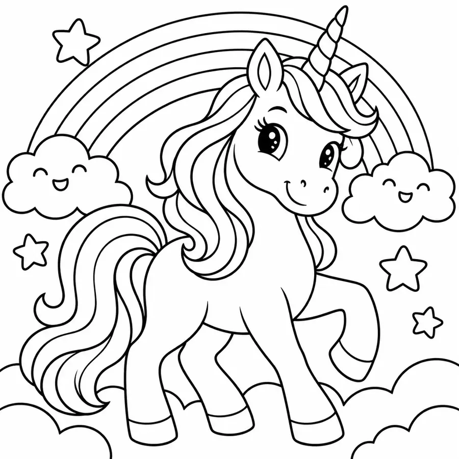 Ausmalbild Einhorn mit Regenbogen