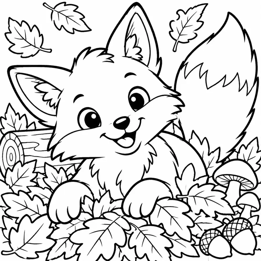 Ausmalbild Fuchs im Herbstlaub