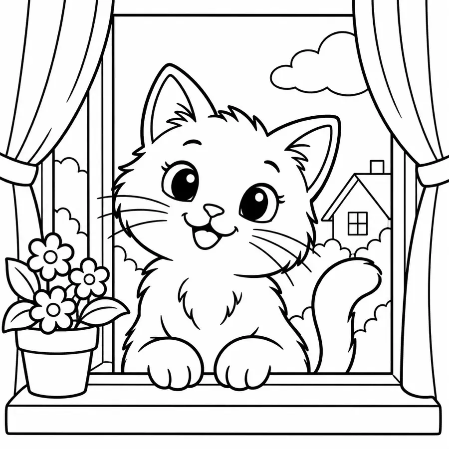 Ausmalbild Katze am Fenster